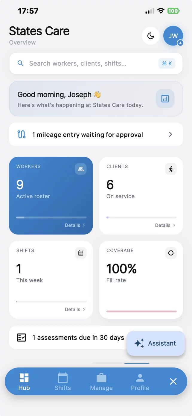 CareChronix mobile app Hub screen with worker, client, shift, and coverage cards and the Assistant button